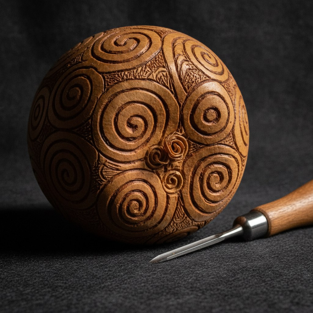 Base de un mate de calabaza vuelta hacia arriba, con una inscripción grabada a buril y un buril apoyado al lado