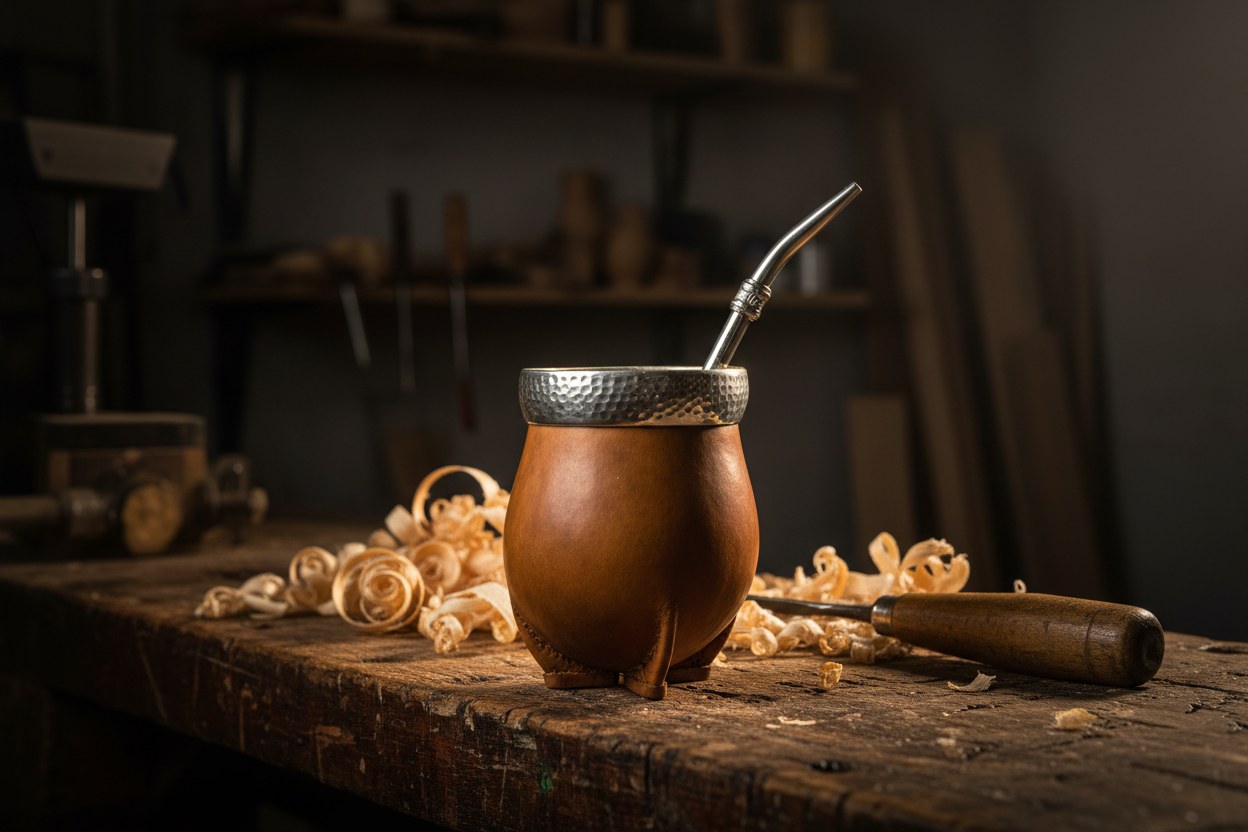 Mate de calabaza con virola de alpaca martillada y bombilla, apoyado sobre el banco de un taller de torneado